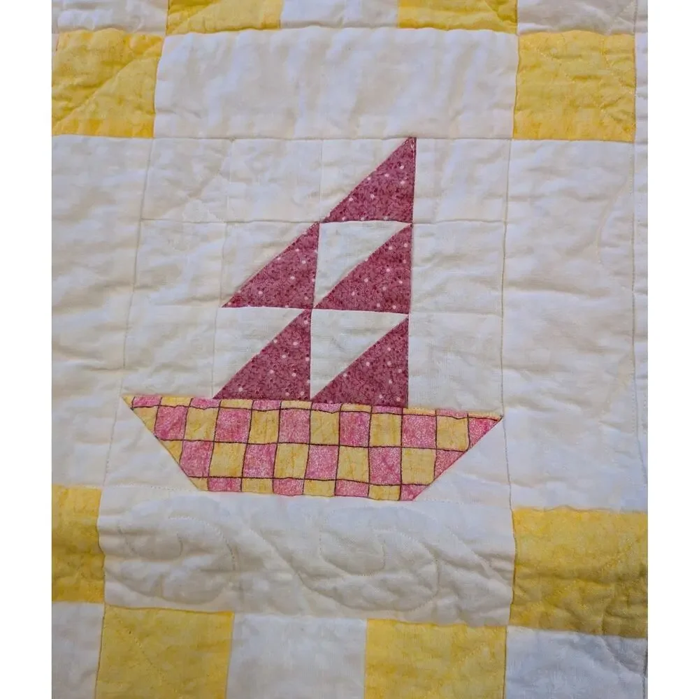 Vintage 1995 Handmade Sailboat Baby Quilt Signed Carol Paasch Cottagecore 28x34